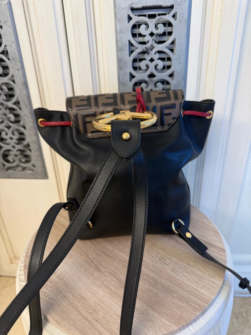 Fendi Black Leather Backpack with Brown Monogram Flap and Red Accents - Picture 5 of 11